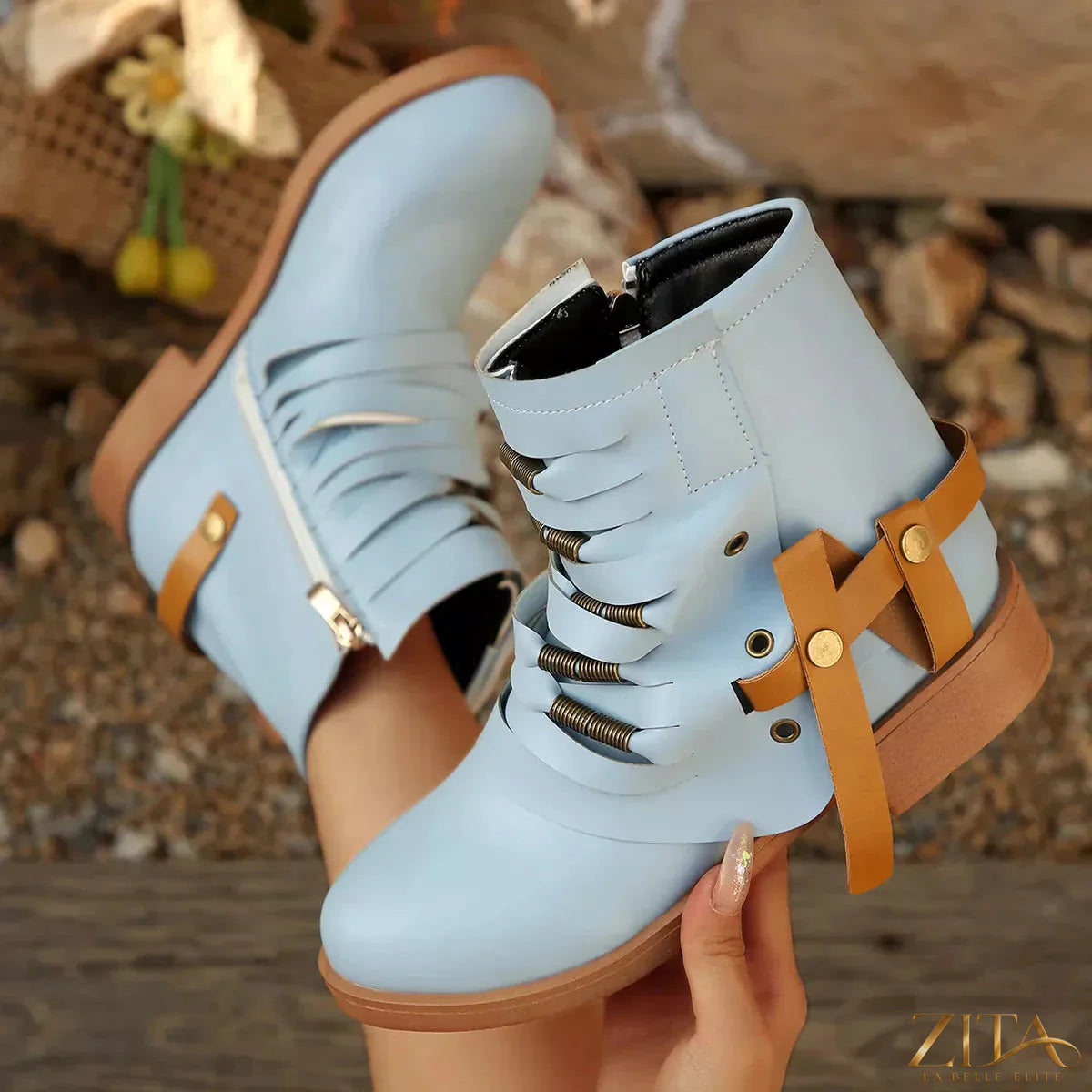 Zita La Belle Elite strappy buckle ankle boots with block heel and ankle strap, stylish black leather footwear.