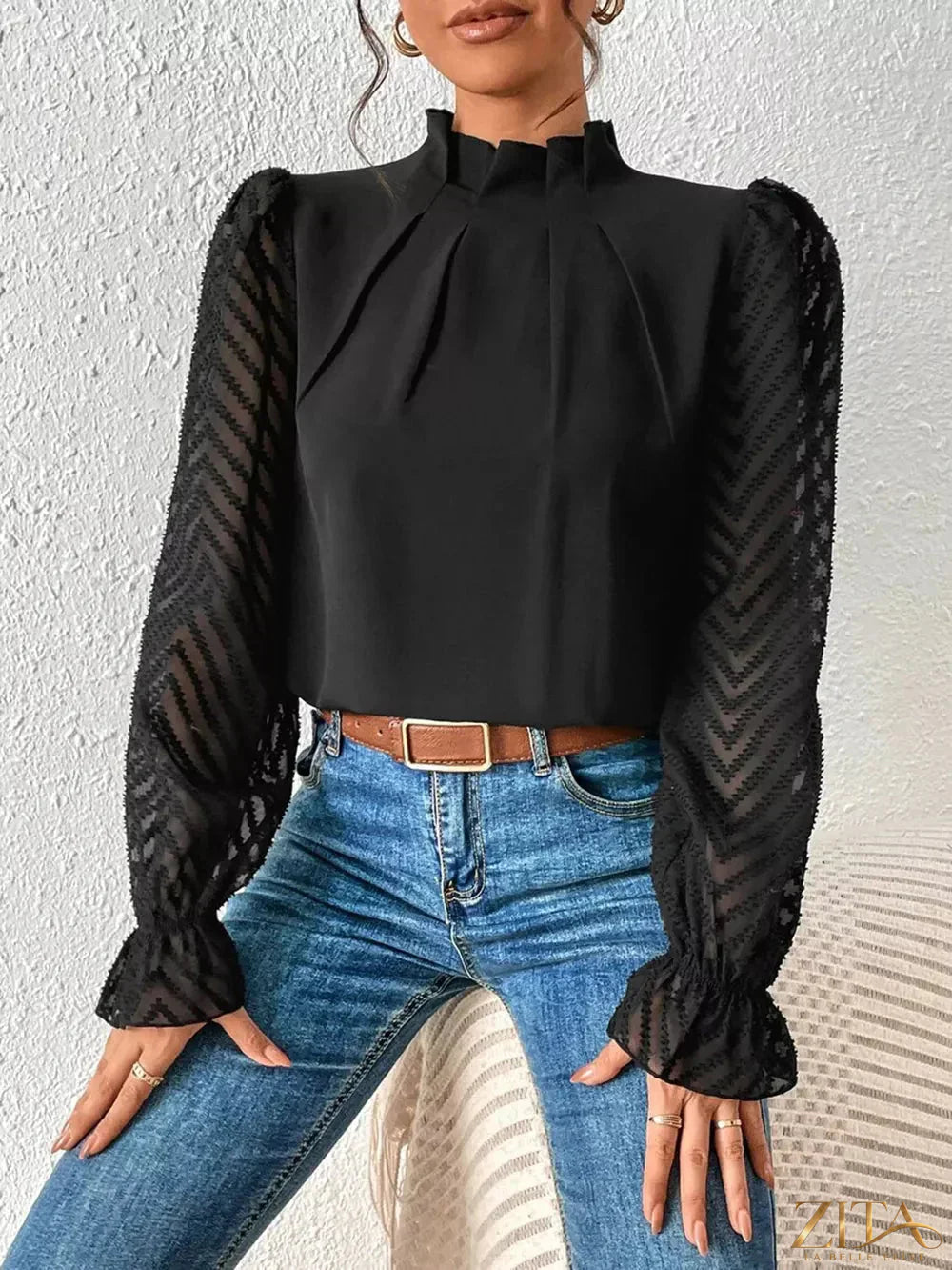 Zita La Belle Elite mock neck blouse with flounce sleeves, featuring a stylish and elegant design in soft fabric.
