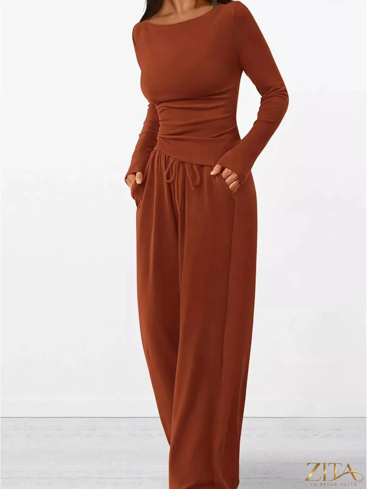 Zita La Belle Elite long sleeve top and wide-leg pants set in soft fabric, displayed on a hanger.