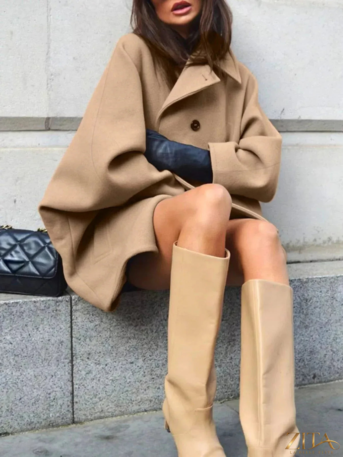 Zita La Belle Elite oversized lapel collar button-down coat in neutral fabric, stylish and warm for fall and winter wear.