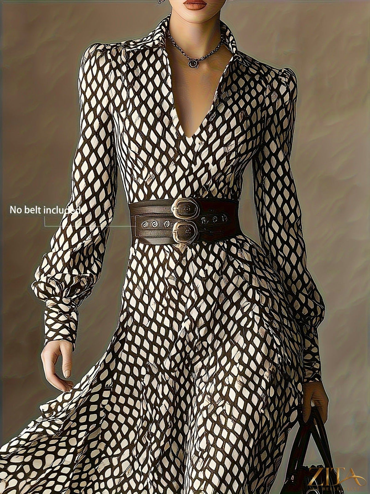 Printed long sleeve midi dress by Trendsi featuring a stylish pattern, fitted waist, and flowing skirt, perfect for casual or dressy occasions.