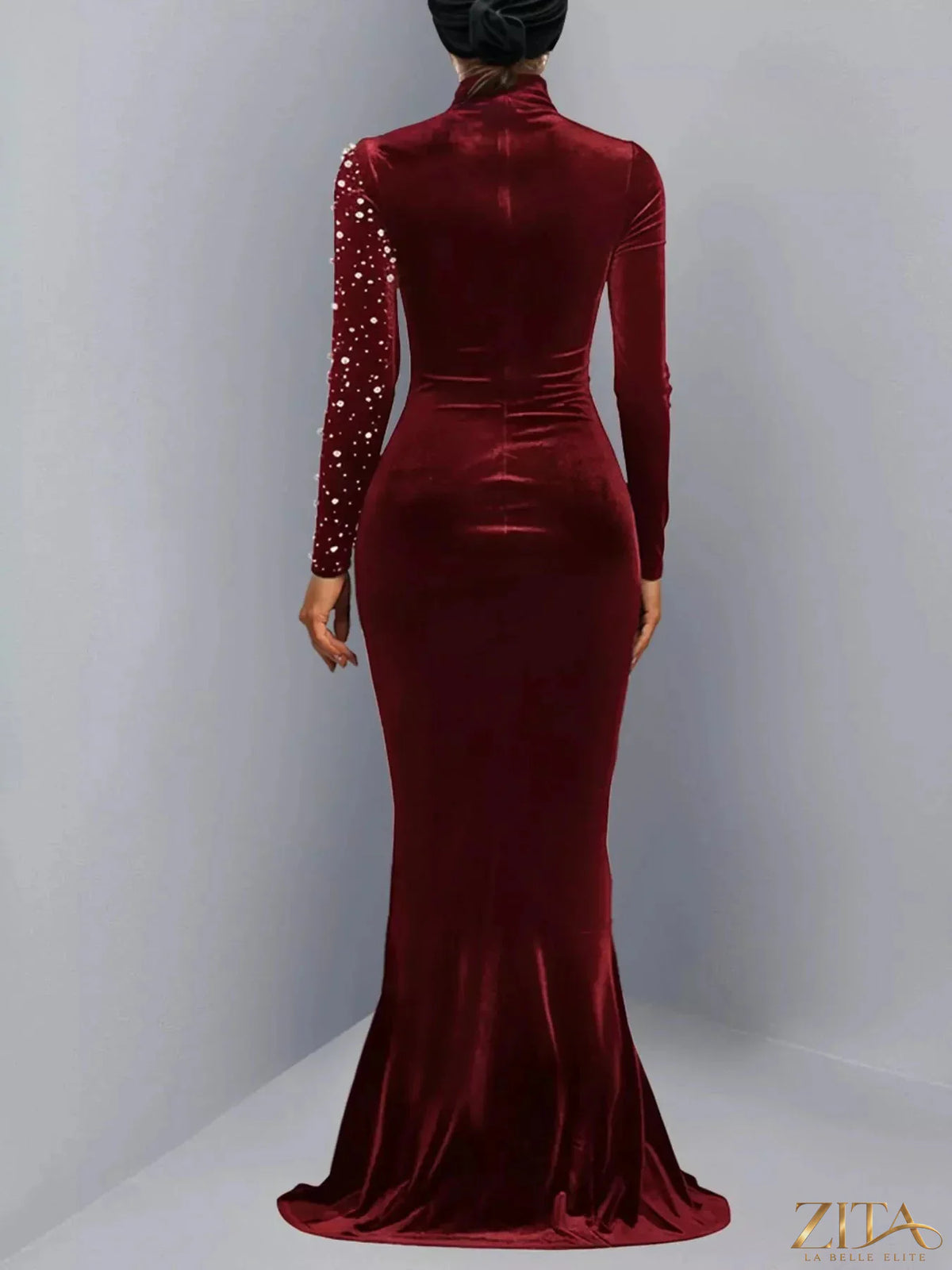 Velvet mermaid evening maxi dress with rhinestone embellishments by Zita La Belle Elite, featuring a fitted silhouette and elegant design.