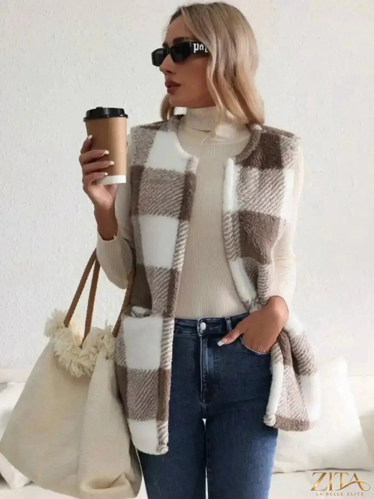 Zita La Belle Elite cozy plaid sherpa vest coat with soft fleece lining and button closure, ideal for layered winter style.