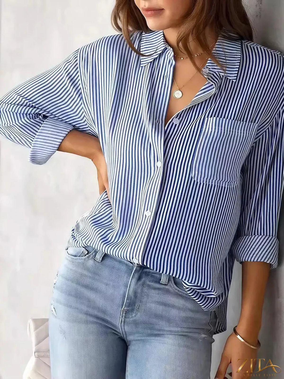 Zita La Belle Elite classic striped button-down shirt featuring vertical navy and white stripes on lightweight fabric