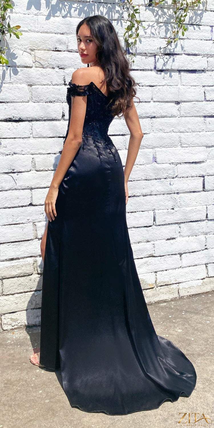 Zita La Belle Elite long black floral off-the-shoulder evening gown with thigh-high slit