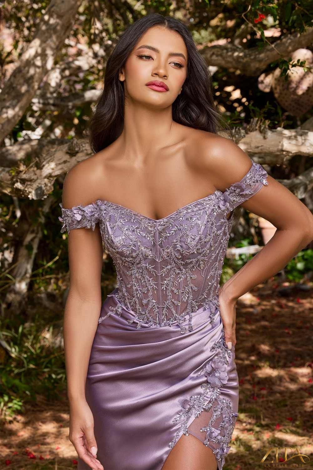 Zita La Belle Elite long dusty lavender floral off-the-shoulder evening gown with thigh-high slit