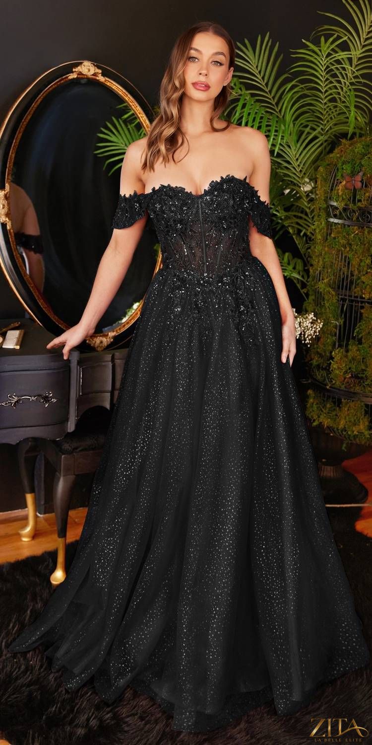 Black Cinderella Divine CD0198 off-shoulder lace A-line gown by Zita La Belle Elite, showcasing elegant lace details and flowing silhouette.