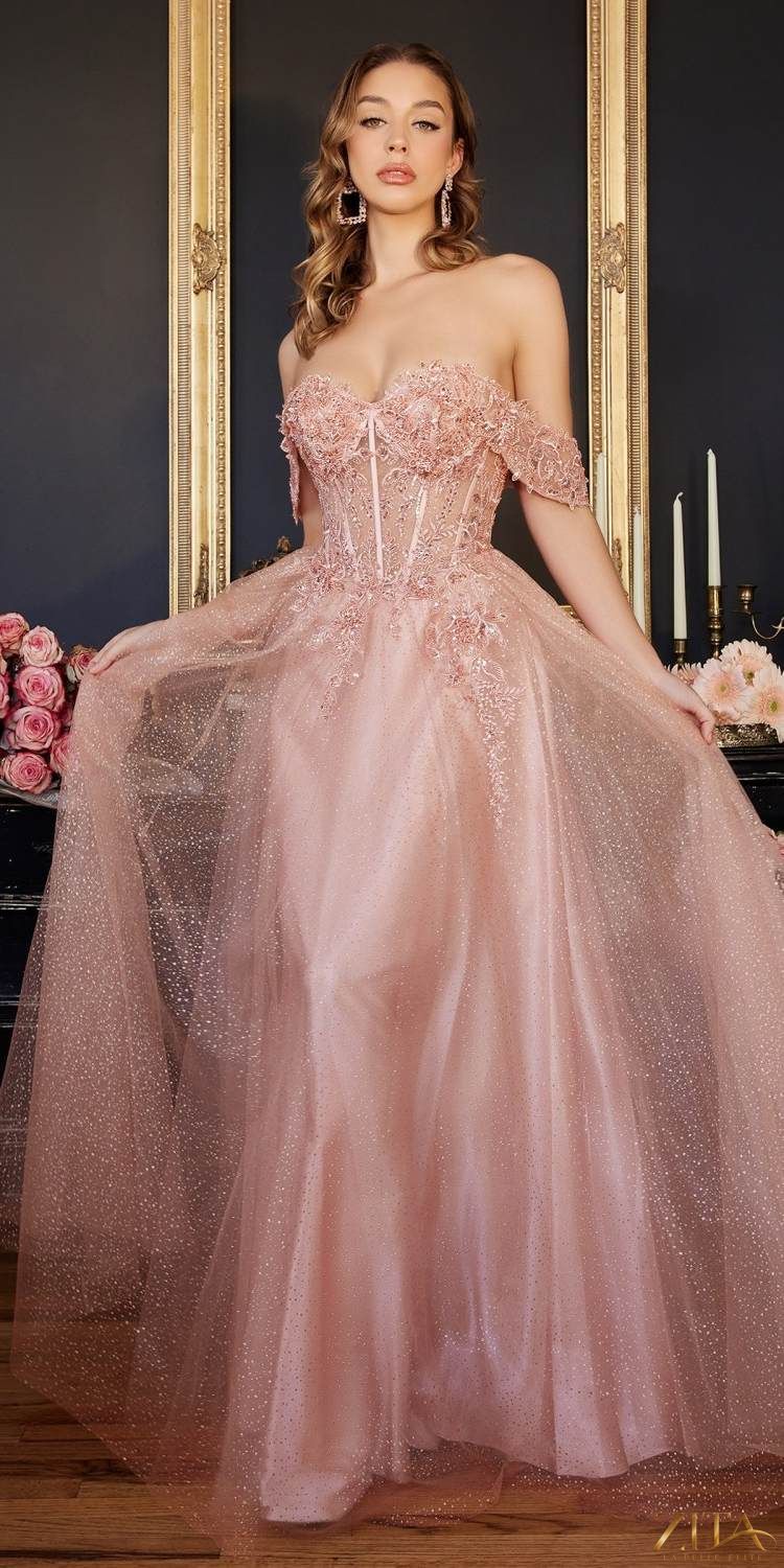 Blush Cinderella Divine CD0198 off-shoulder lace A-line gown by Zita La Belle Elite, shown from the front with intricate lace details.