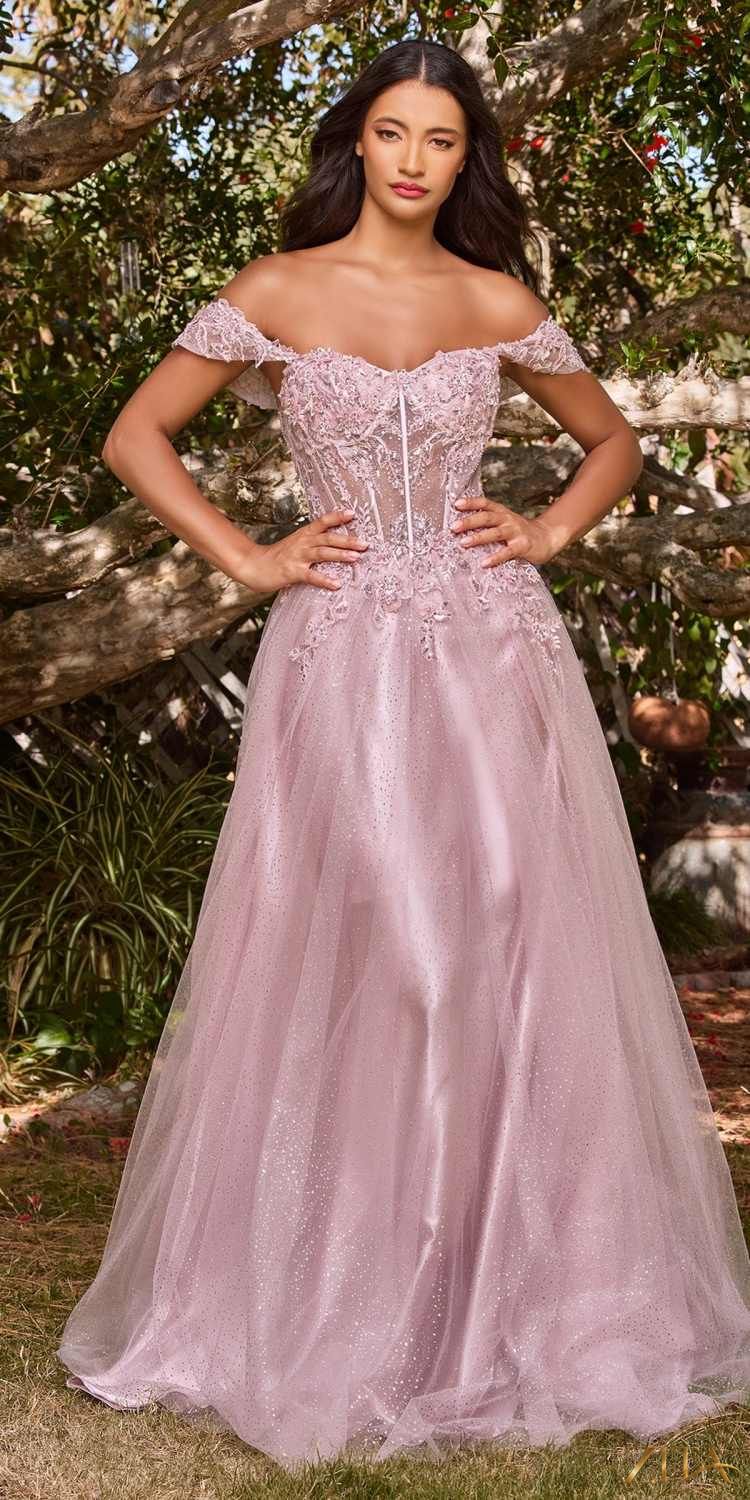 Mauve off-shoulder lace A-line gown by Cinderella Divine CD0198, elegant dress with intricate lace details and flowing silhouette.
