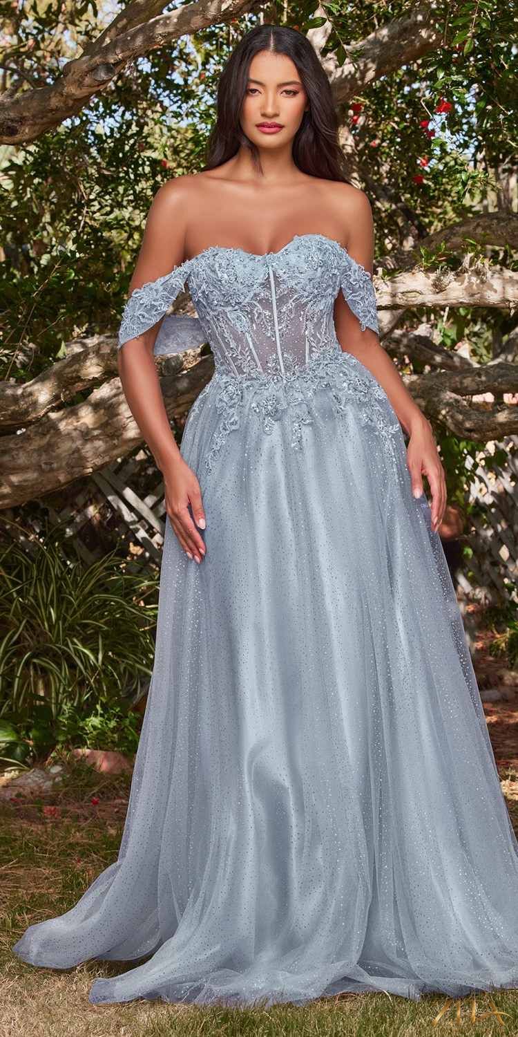 Smoky blue off-shoulder lace A-line gown by Zita La Belle Elite, Cinderella Divine CD0198 dress with elegant design and flowing silhouette.