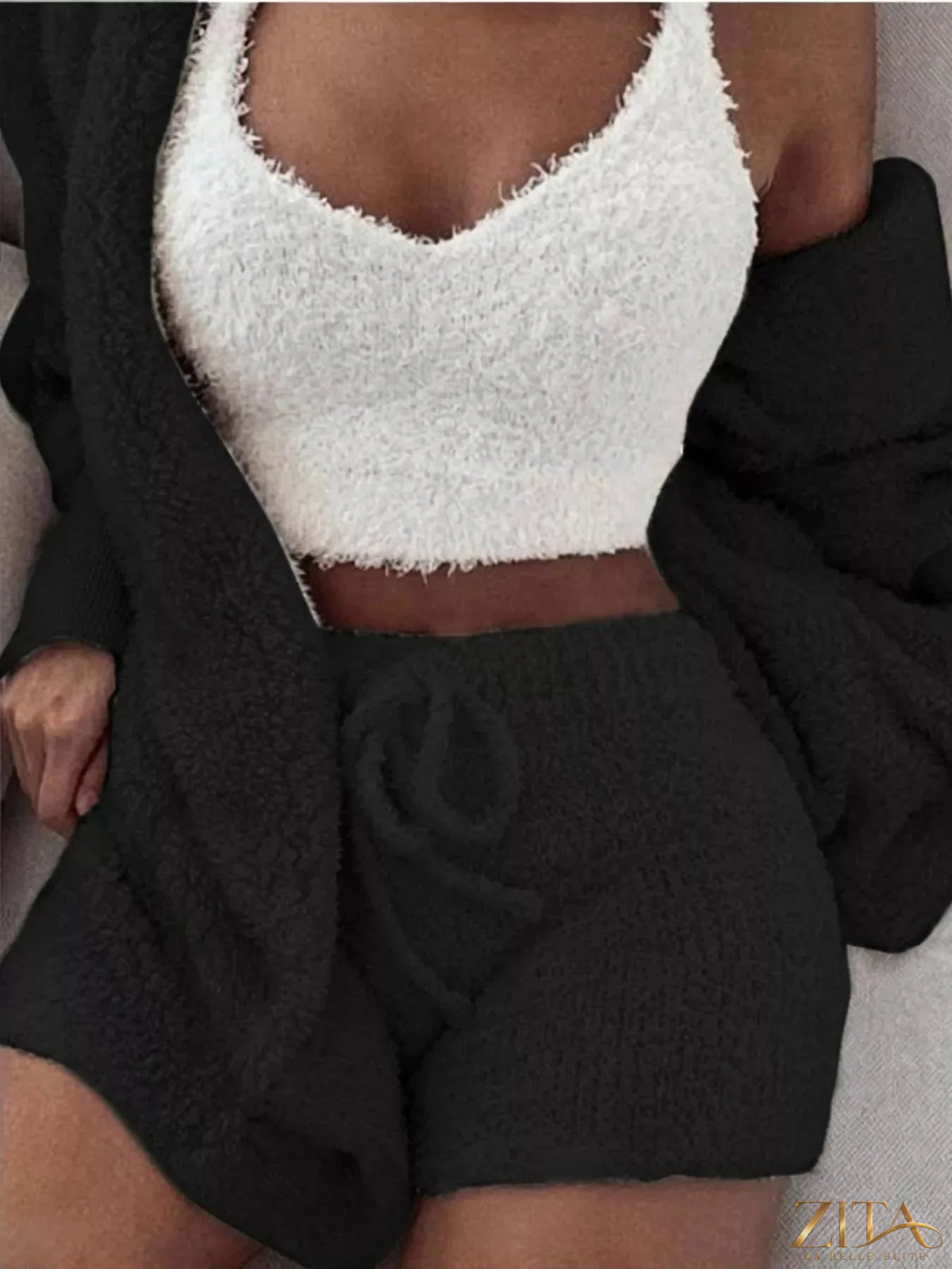 Plus size fuzzy plush cardigan lounge set by Zita La Belle Elite, featuring a cozy 3-piece design with soft, plush fabric.