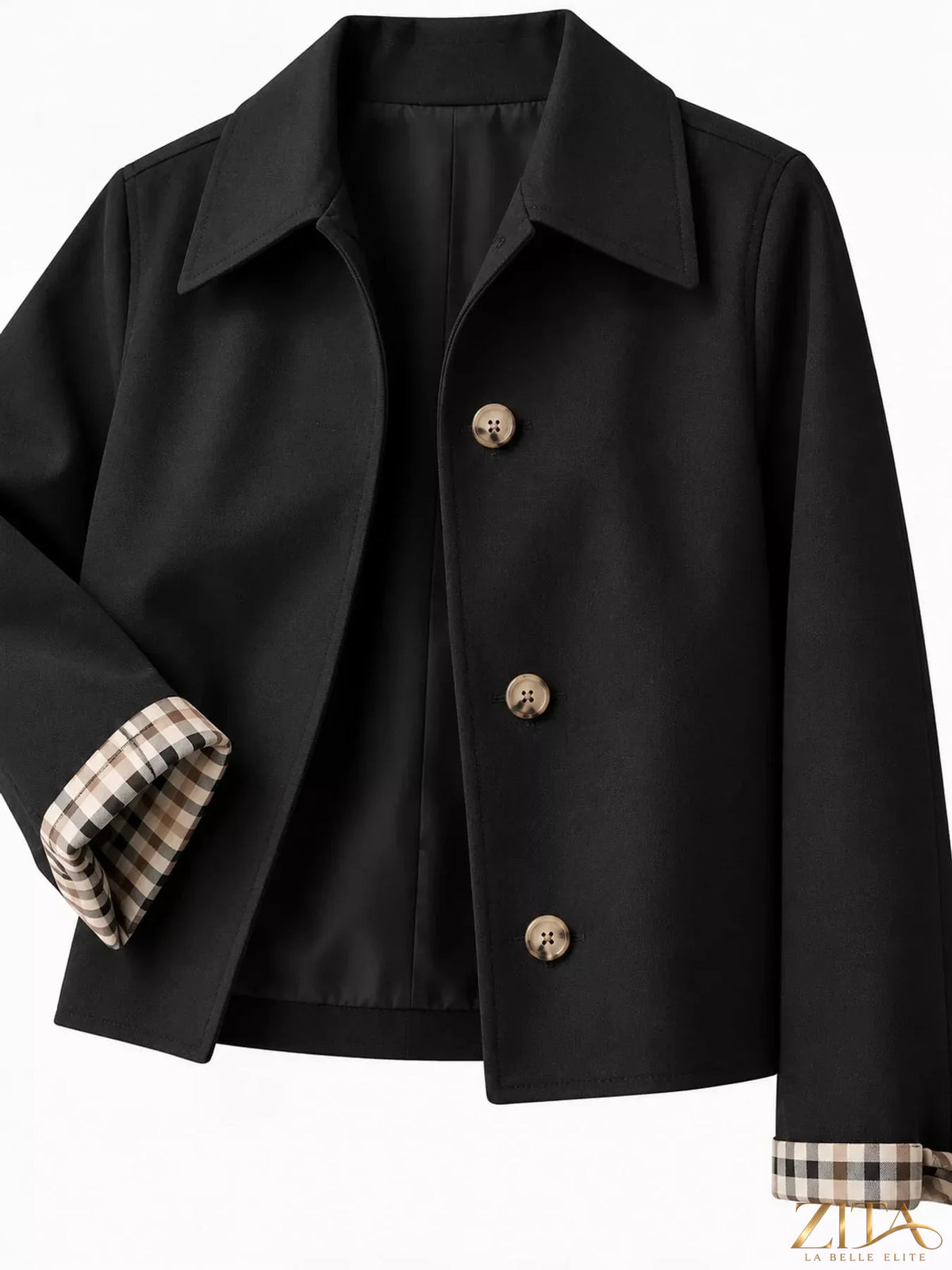 Zita La Belle Elite plaid cuffs cropped trench coat with stylish outerwear featuring a checked pattern and button details.