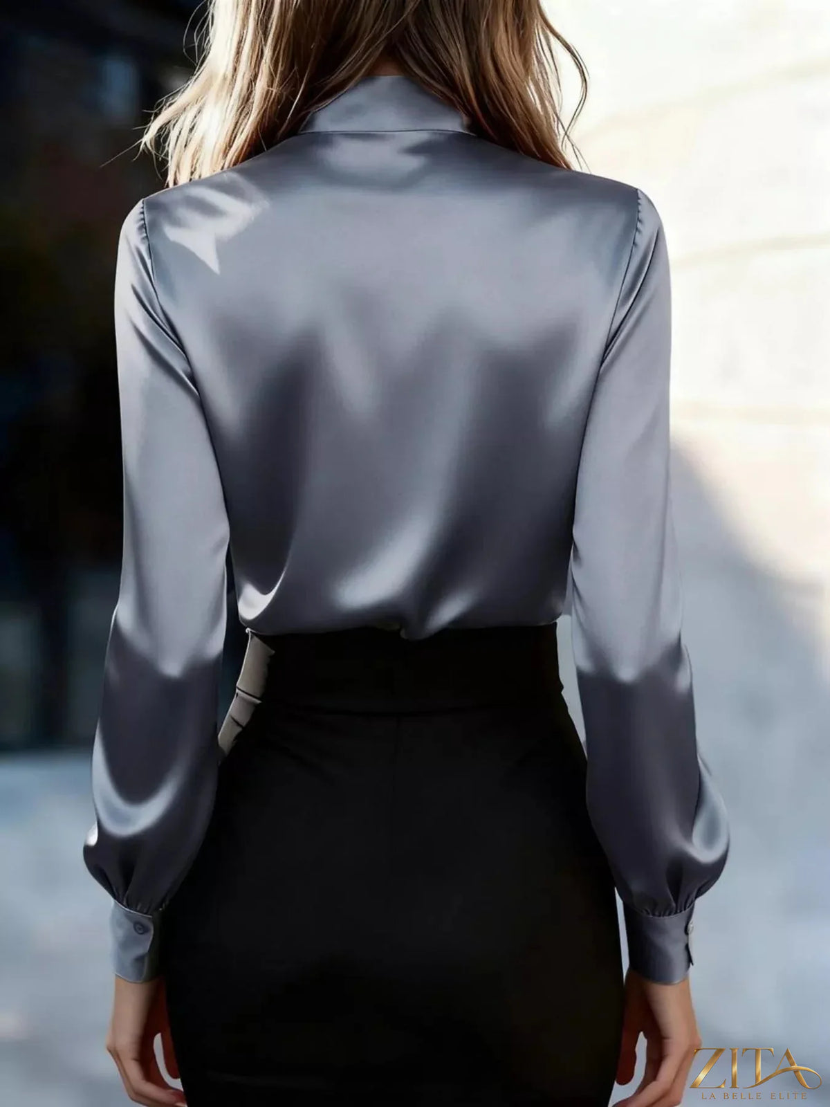 Zita La Belle Elite satin bow tie long sleeve blouse featuring a stylish design and elegant satin fabric.