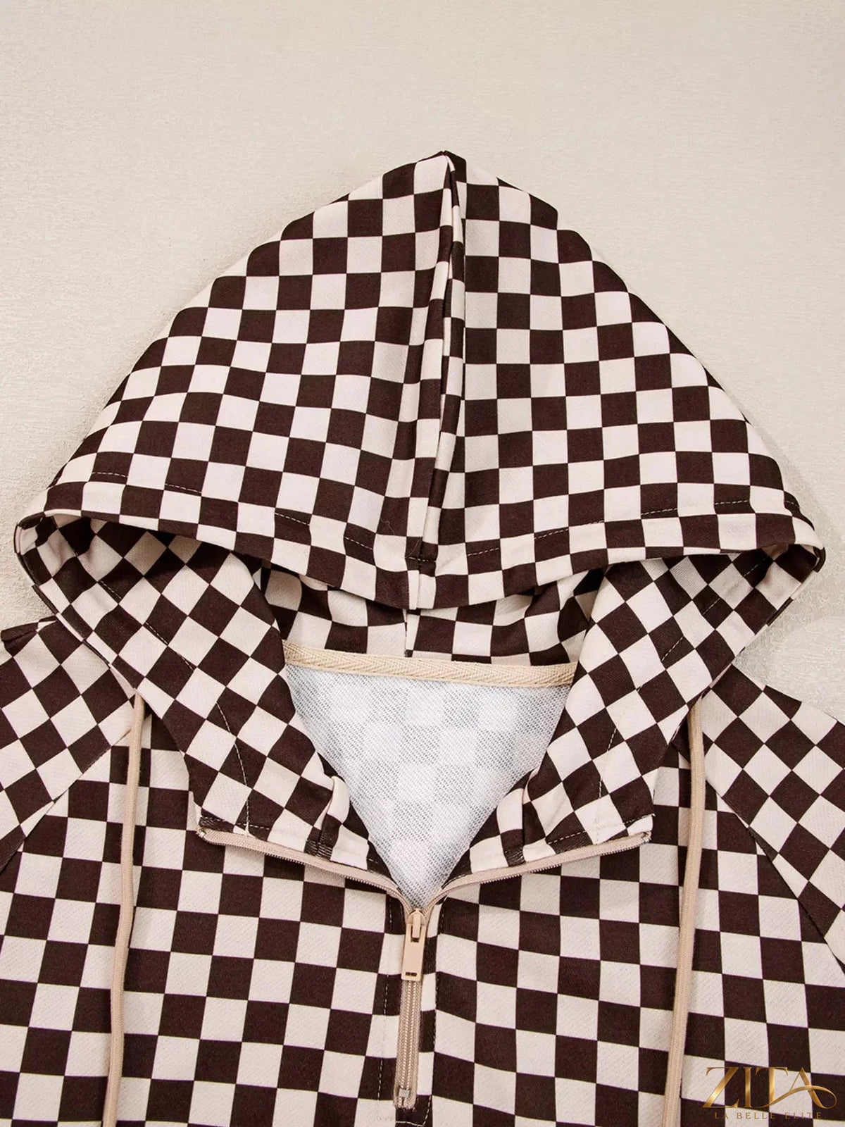 Zita La Belle Elite checkered hoodie and pants set with drawstrings, featuring a stylish black and white pattern and casual fit.
