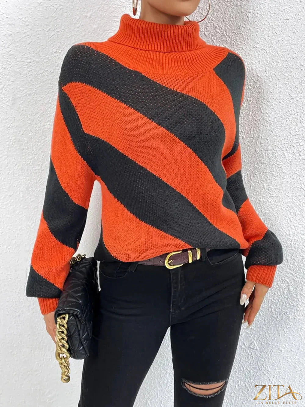 Striped turtleneck sweater with dropped shoulder design by Trendsi, featuring a cozy knit pattern and casual fit.