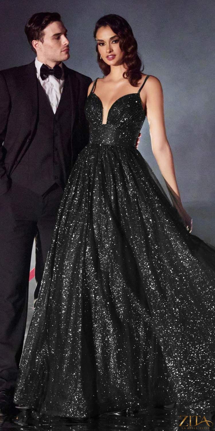 Elegant floor-length A-line glitter ball gown by Zita La Belle Elite, featuring a shimmering fabric and flowing silhouette.