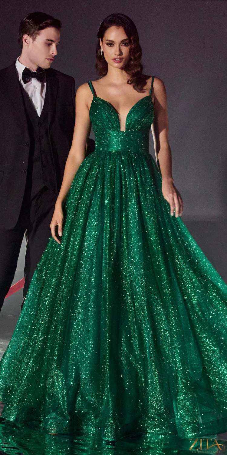 Zita La Belle Elite floor-length A-line glitter ball gown, elegant evening dress with shimmering fabric and flowing silhouette.
