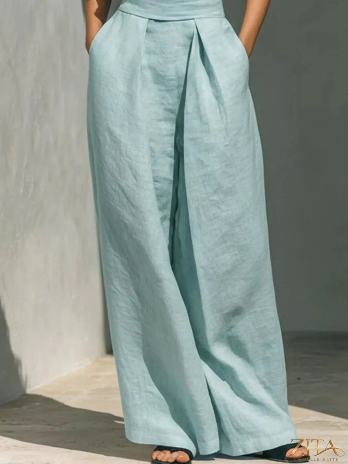 Plus size Zita La Belle Elite sleeveless turtleneck top and wide-leg pants set, stylish and comfortable for casual wear.