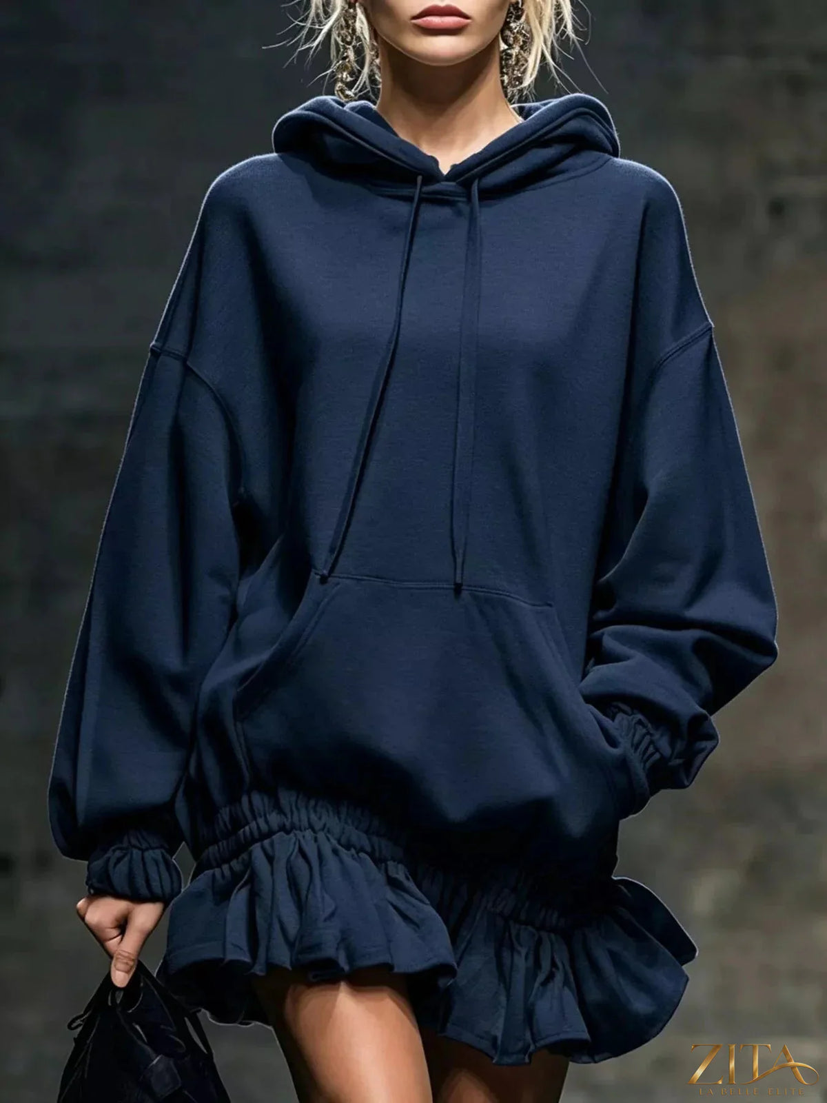 Zita La Belle Elite casual chic hoodie sweatshirt mini dress with ruffled hem, soft fabric, and relaxed fit, perfect for stylish comfort.