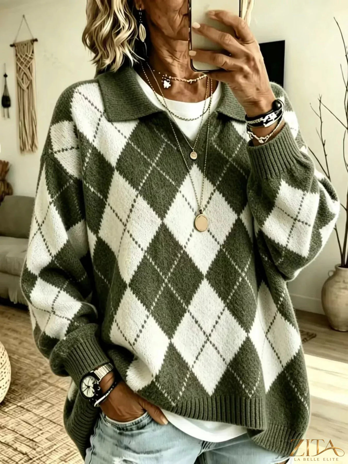 Zita La Belle Elite argyle pattern collared pullover sweater in classic colors, featuring a cozy knit design and button-up collar.