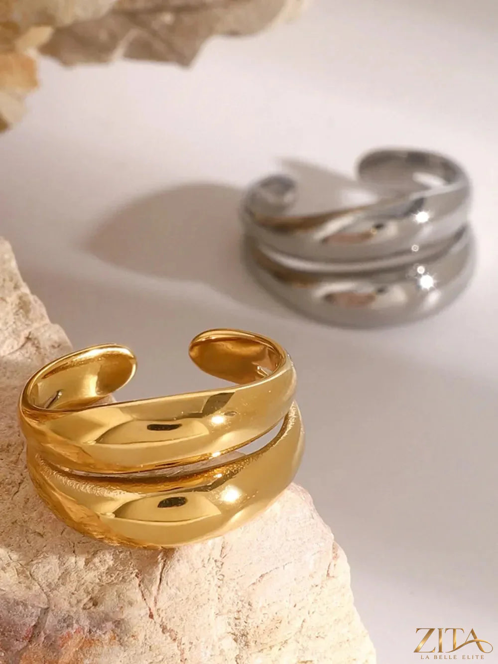 Stainless steel double-layered ring by Zita La Belle Elite, featuring a sleek, modern design with two stacked bands.