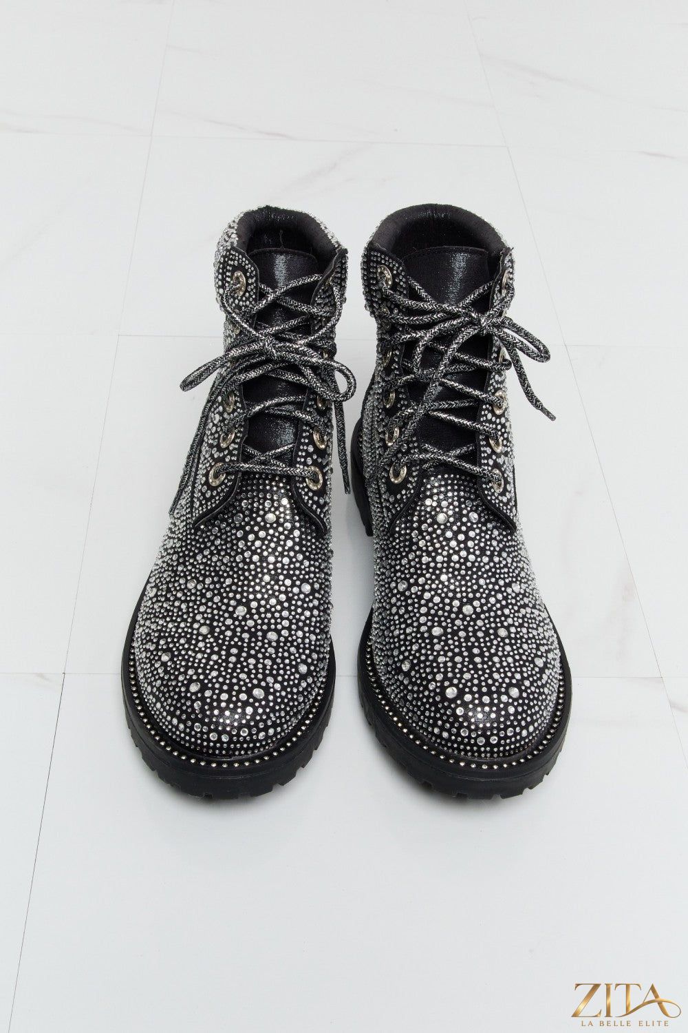 Zita La Belle Elite Forever Link rhinestone lace-up combat boots with studded details and chunky sole, stylish and edgy footwear.