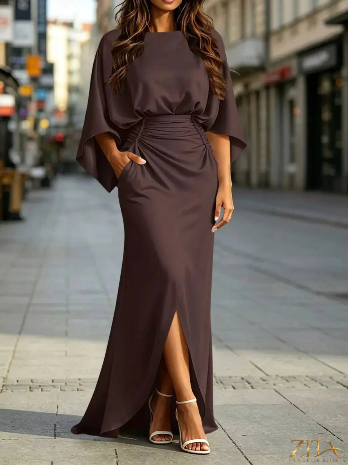 Zita La Belle Elite ruched waist maxi dress with pockets, flowing fabric, and elegant design perfect for casual or formal wear