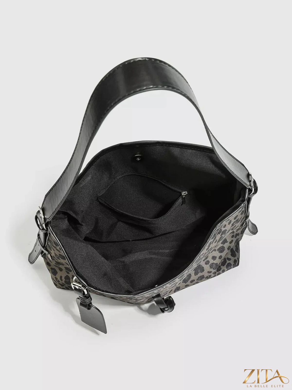 Zita La Belle Elite leopard hobo shoulder bag with adjustable strap and spacious interior, featuring a stylish animal print design.