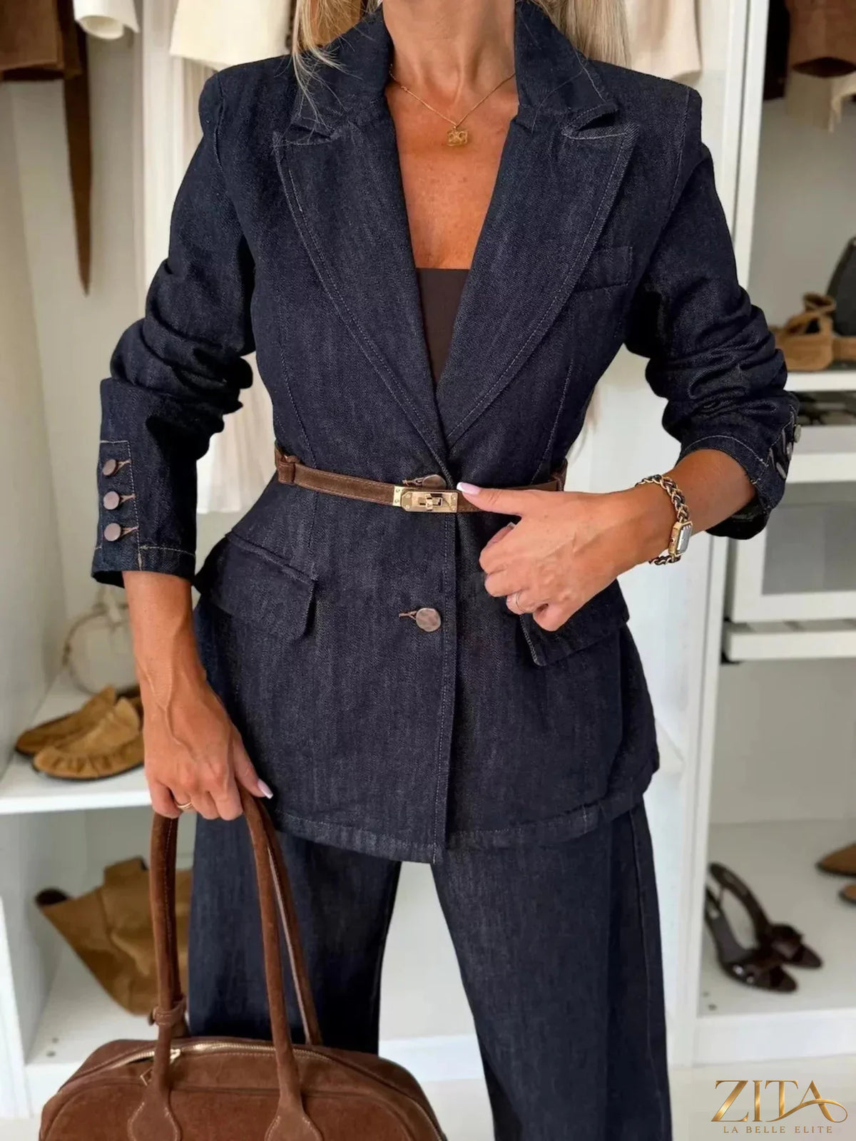 Zita La Belle Elite single-breasted washed denim blazer with classic lapels and tailored fit, shown on a model.