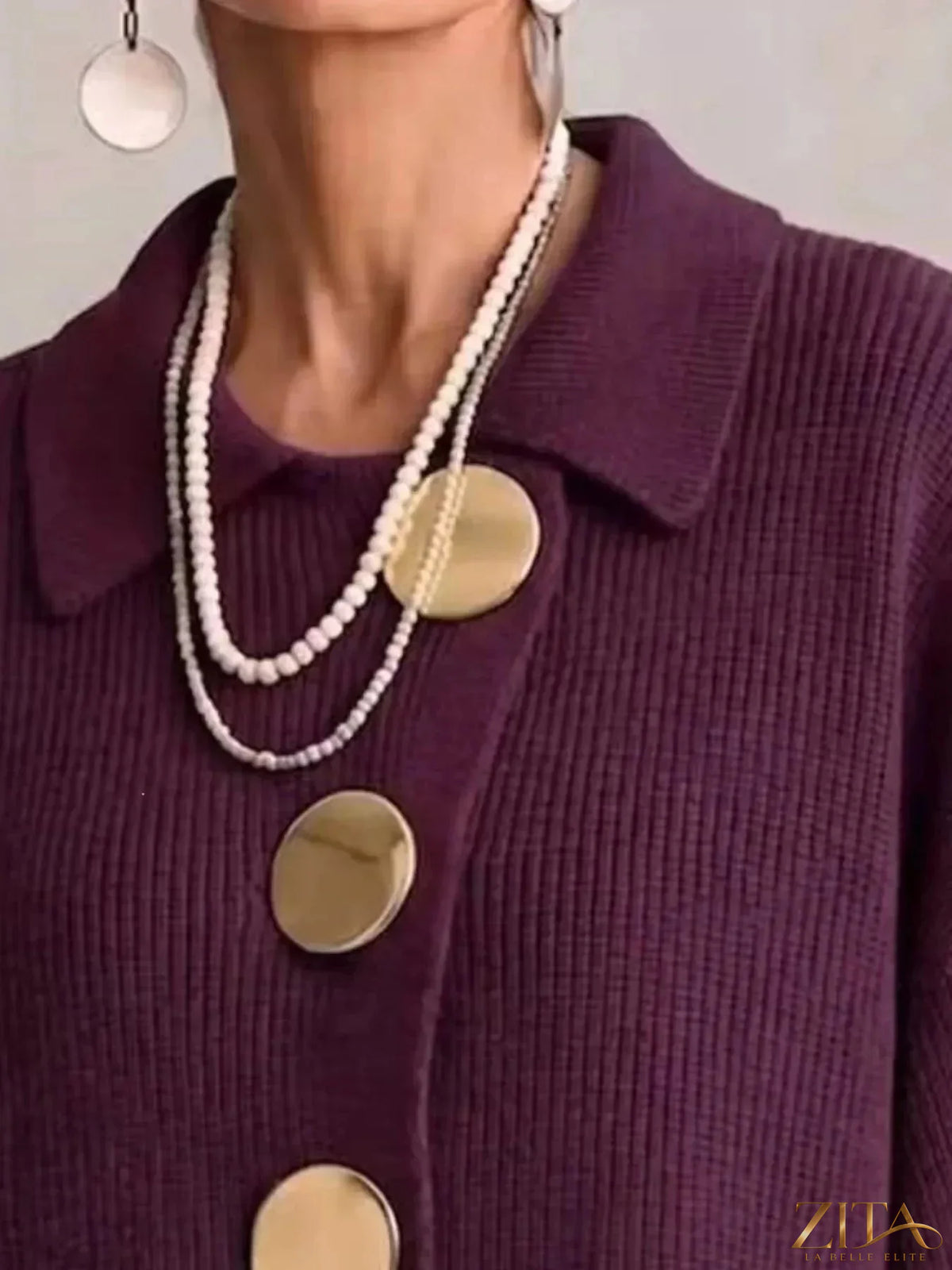 Plus size ribbed knit cardigan with gold buttons by Zita La Belle Elite, showing the full front view with textured fabric.