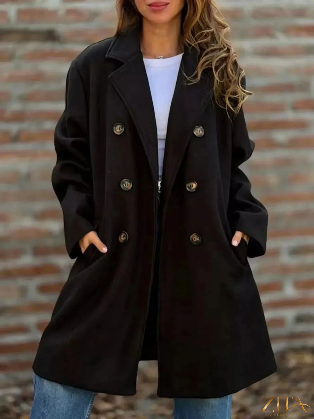 Plus size double-breasted coat with lapel collar by Zita La Belle Elite, shown in a full size, stylish and warm outerwear.
