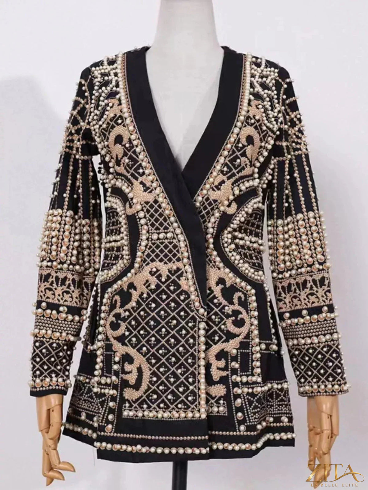 Plus size Zita La Belle Elite embellished pearl blazer with one button, featuring a tailored fit and stylish design.