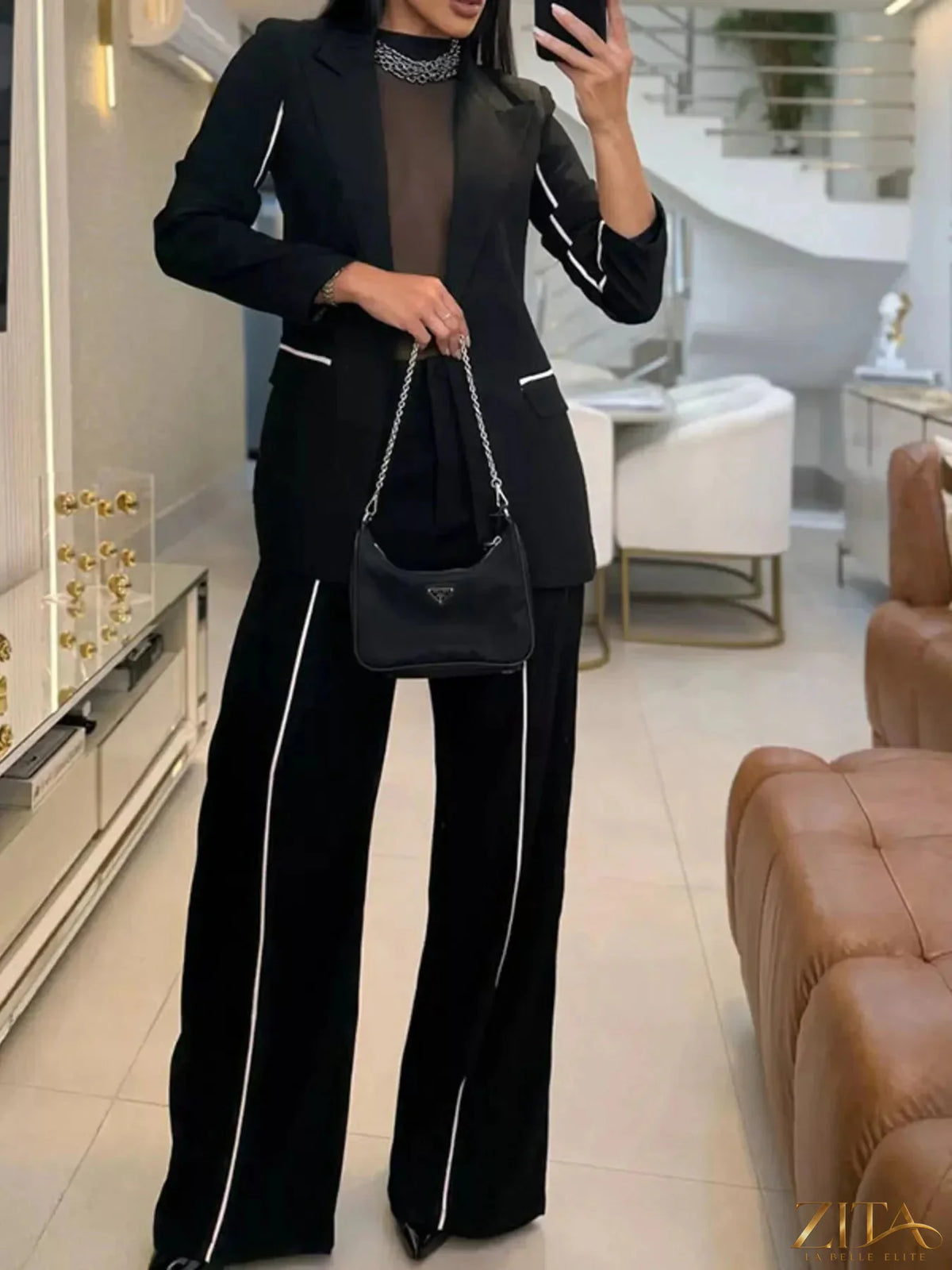 Zita La Belle Elite contrast trim blazer and wide-leg pants set, tailored fit with stylish detailing, on a mannequin.