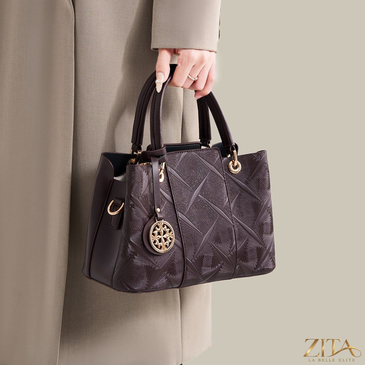 Zita La Belle Elite embossed pattern leather top handle handbag with textured surface and sturdy handle, fashionable and elegant.