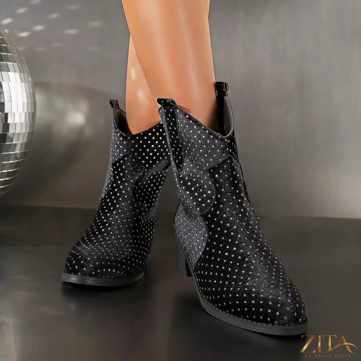 Zita La Belle Elite sparkling point toe block heel boots with shiny finish and stylish design, perfect for fashionable footwear.