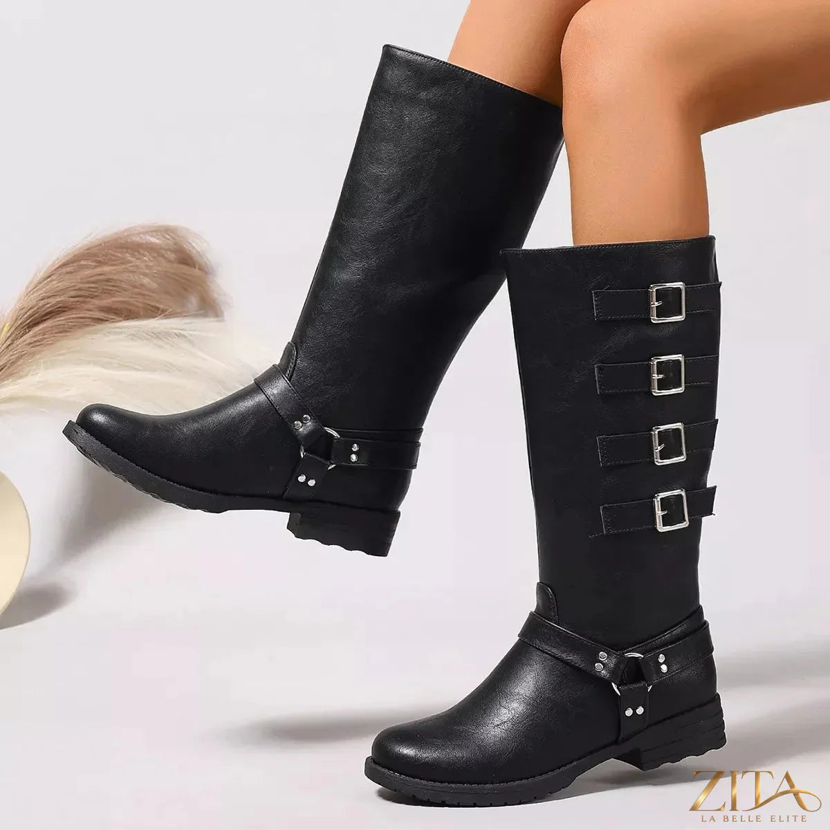 Zita La Belle Elite round toe block heel boots shown from the front, featuring sleek design and sturdy heel for stylish footwear.