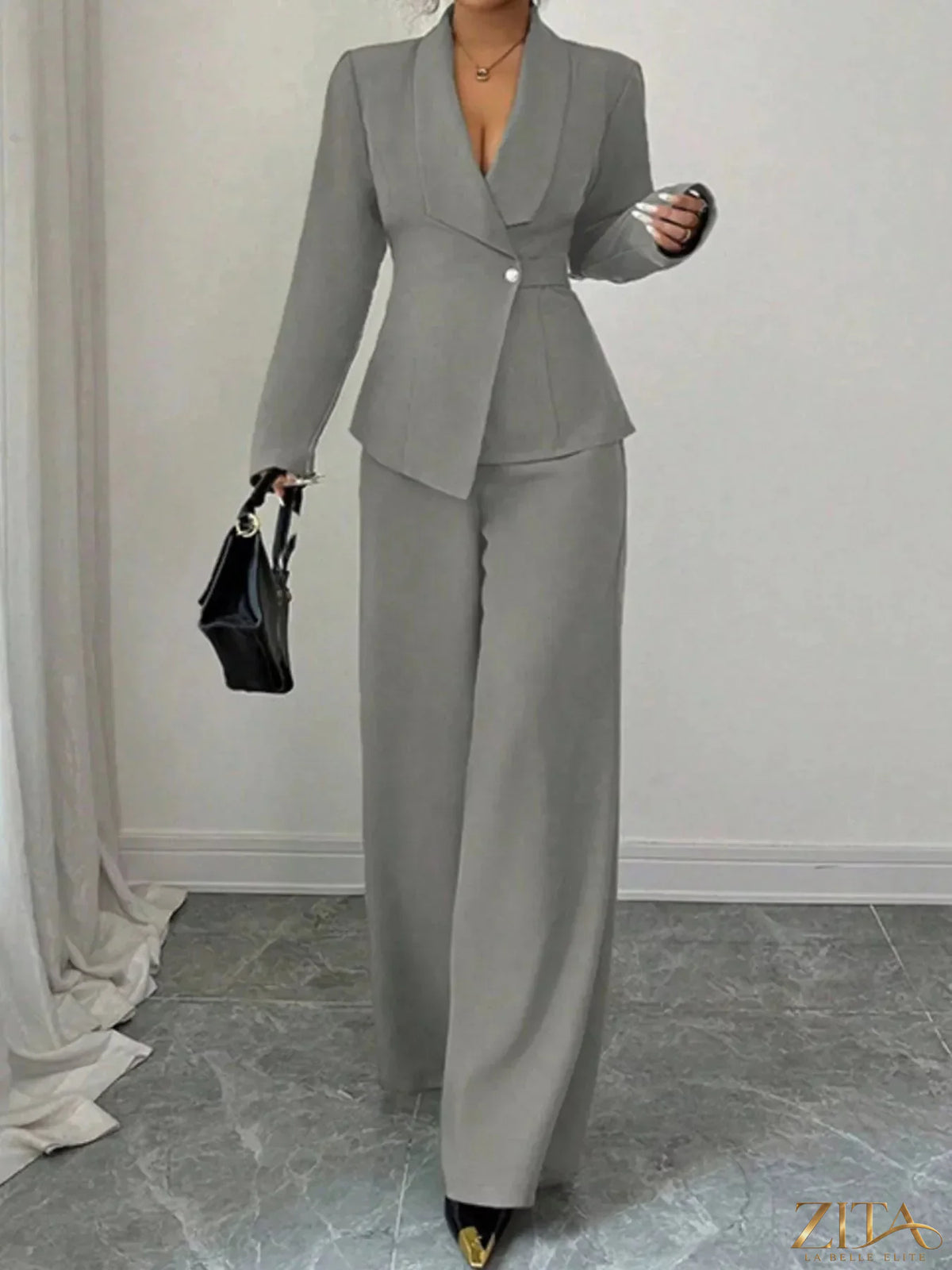 Zita La Belle Elite one-button blazer and matching pants set, tailored in a stylish, professional design.