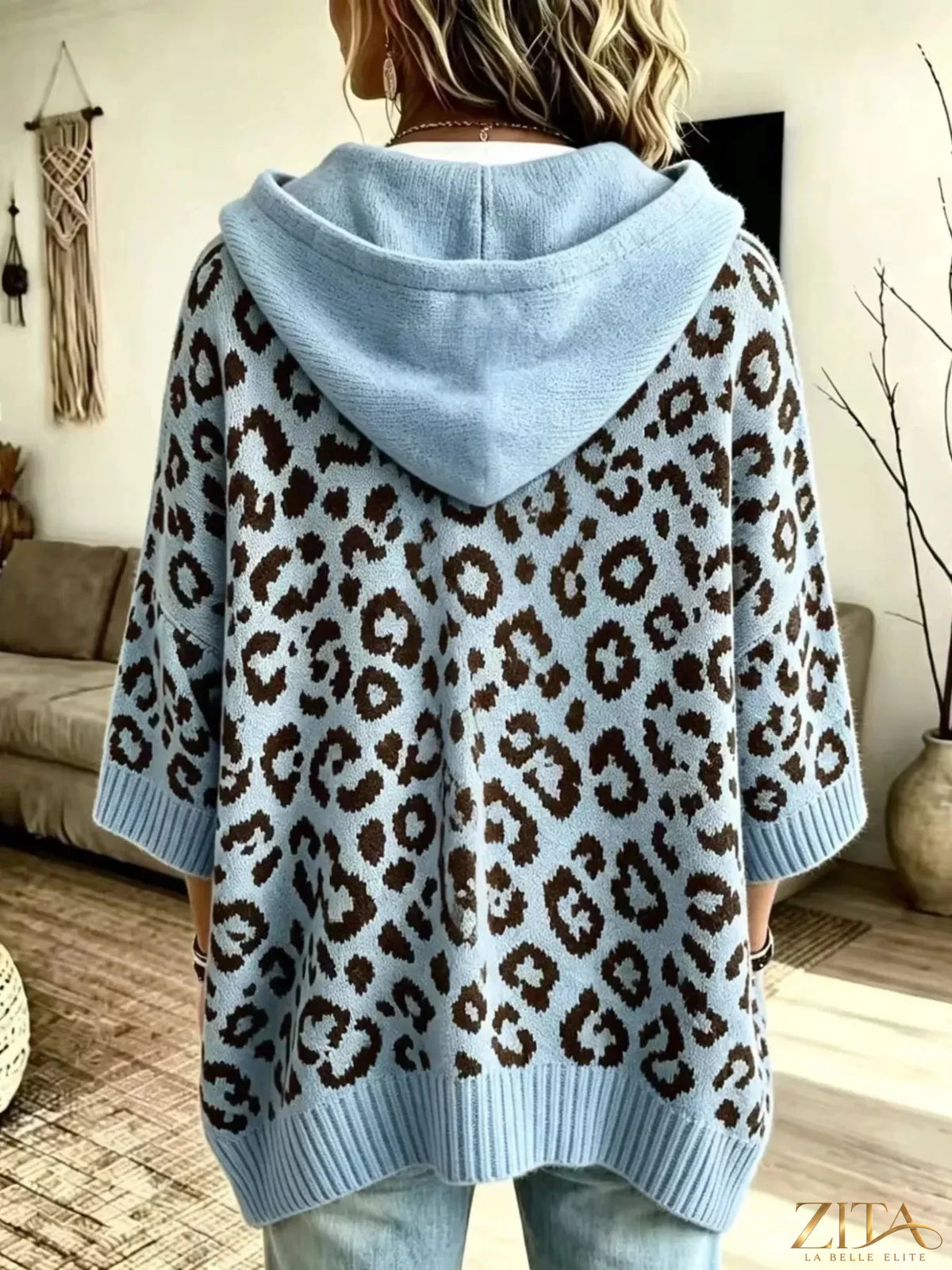 Zita La Belle Elite leopard print drawstring hooded sweater with front pockets, casual and stylish for everyday wear.