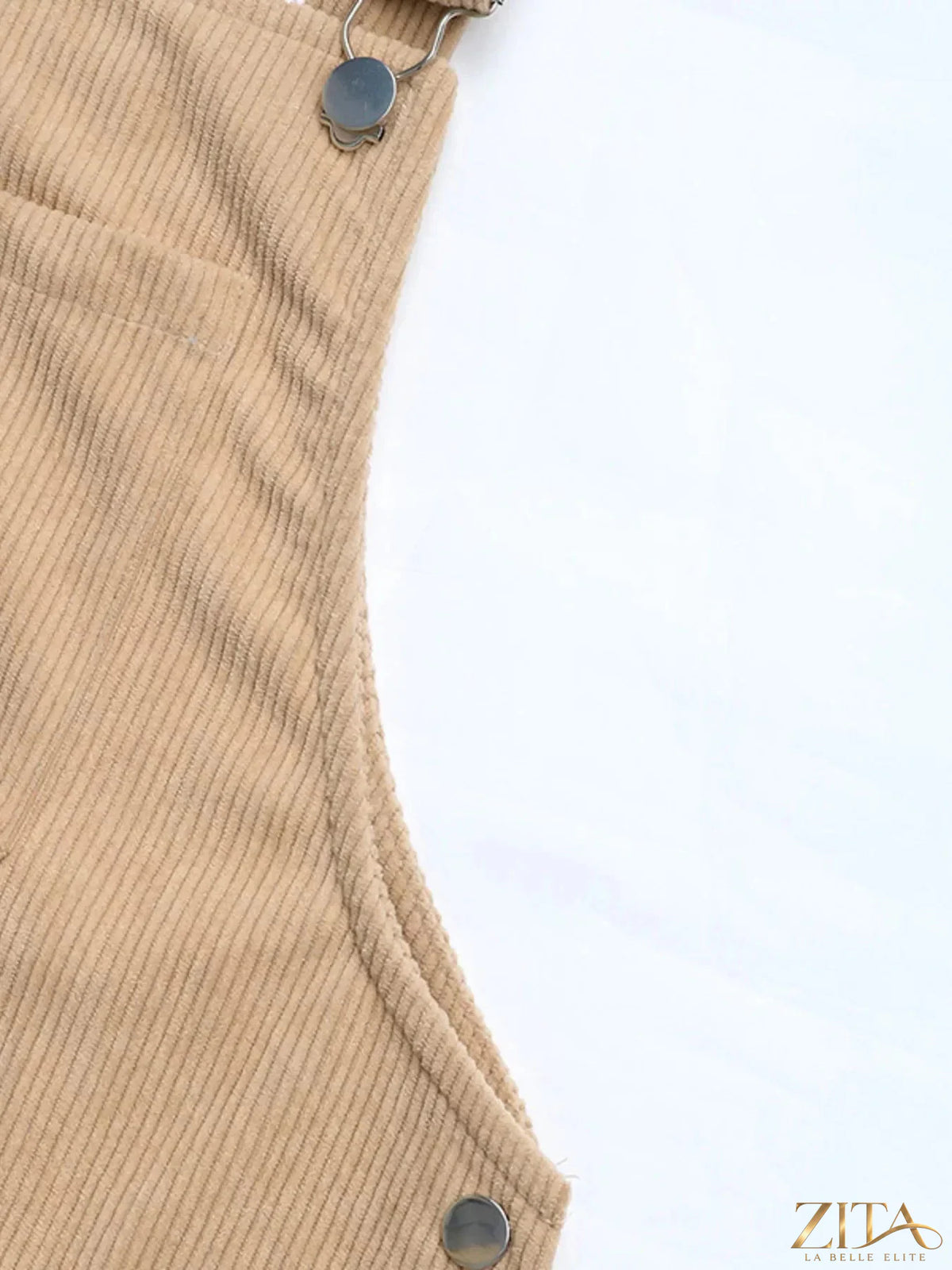 Zita La Belle Elite casual corduroy overall dress featuring adjustable straps and front pockets on a model.