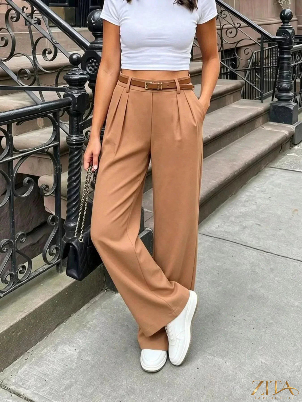 Zita La Belle Elite pleated wide leg pants in lightweight fabric, showing their flowing, high-waisted design and relaxed fit.
