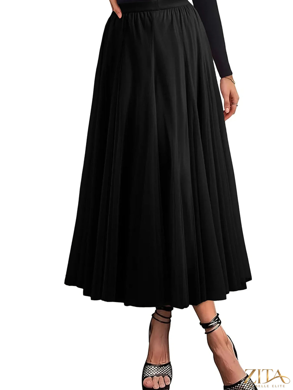 High-waisted midi skirt from Trendsi, featuring a flowing fabric and elegant design, displayed on a neutral background.
