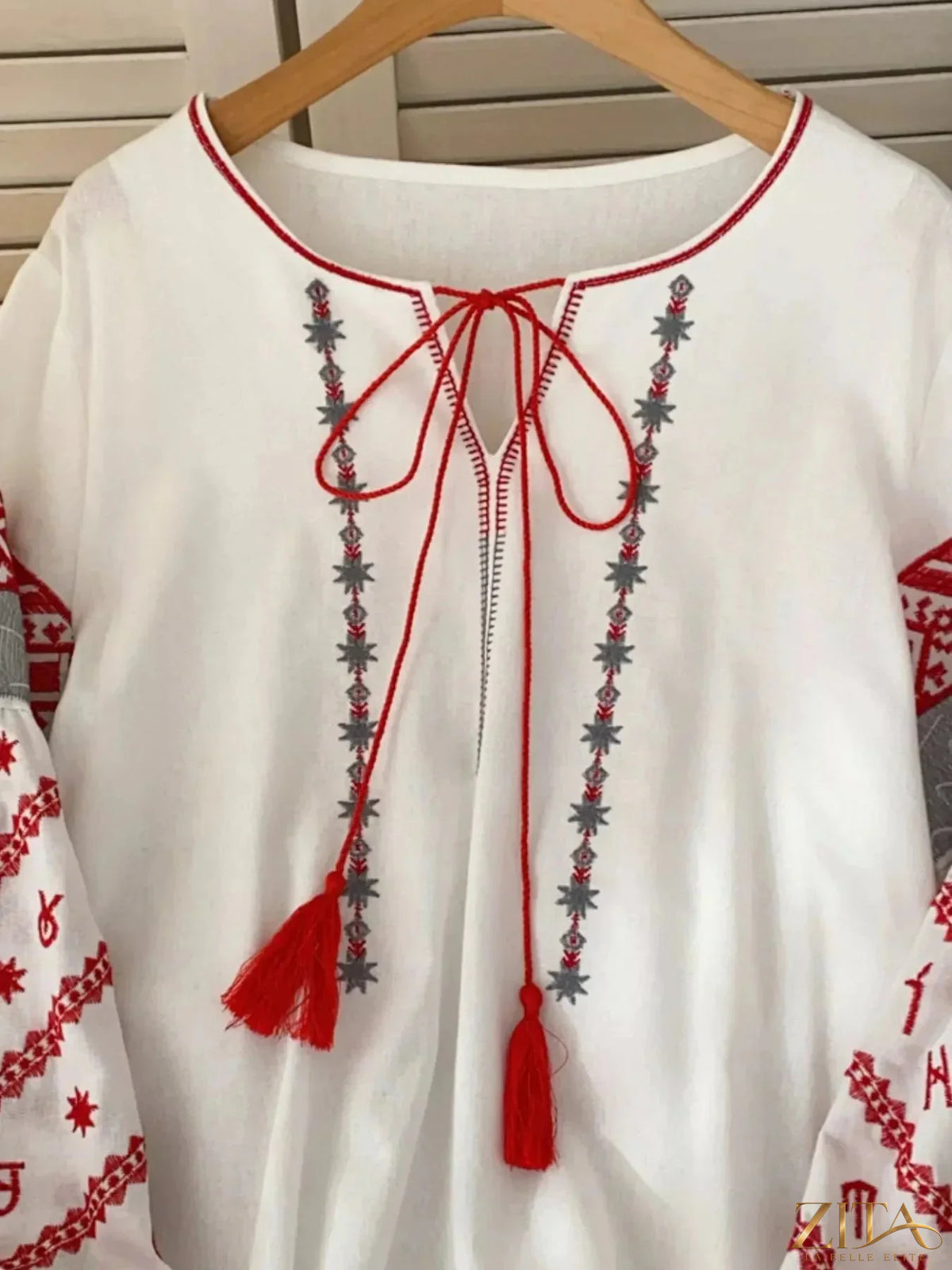 Zita La Belle Elite embroidered tie neck blouse with floral patterns and ruffled details, stylish and elegant for women.