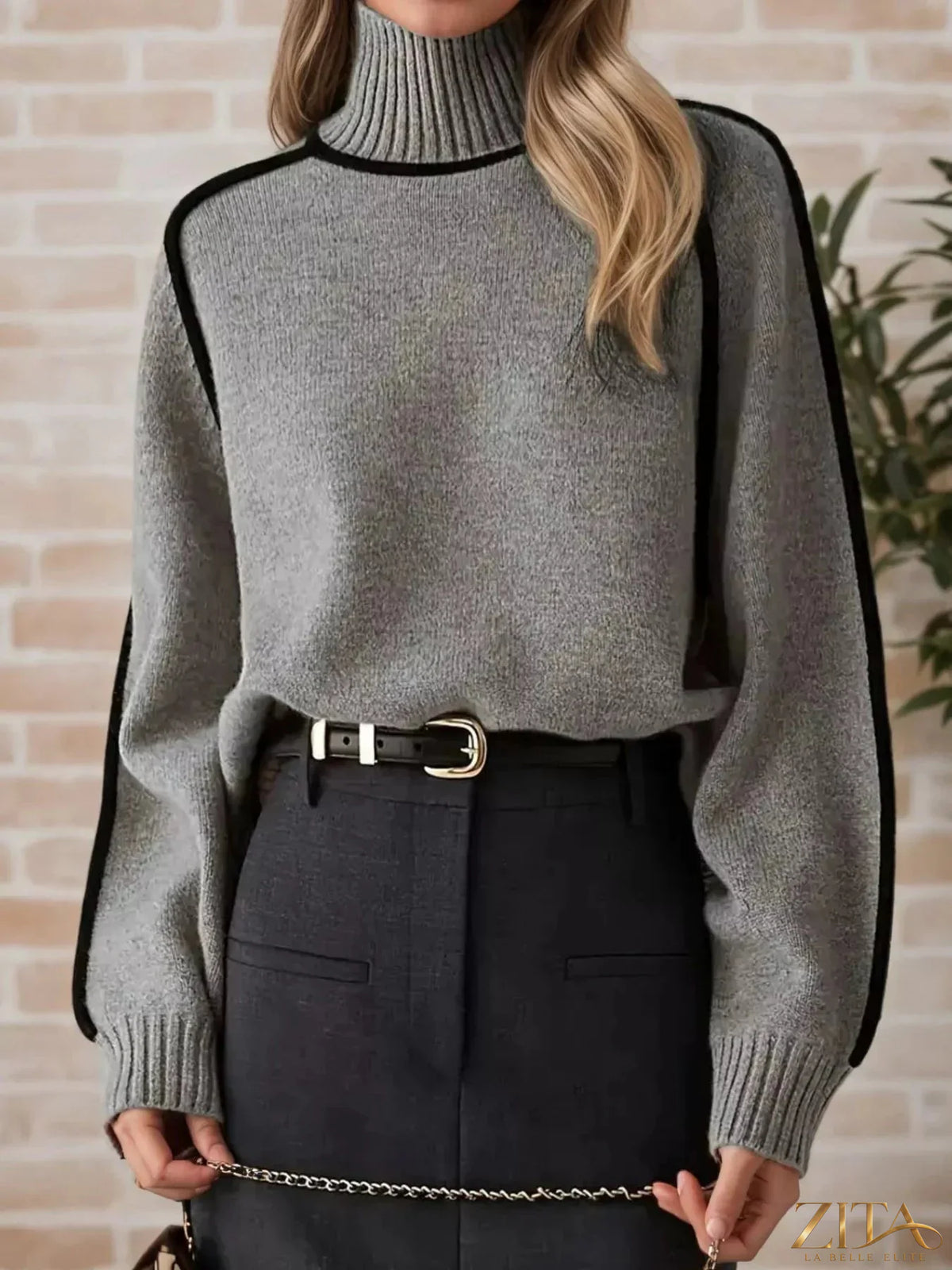 Zita La Belle Elite contrast trim turtleneck sweater featuring a fitted design and ribbed cuffs, stylishly displayed on a neutral background.