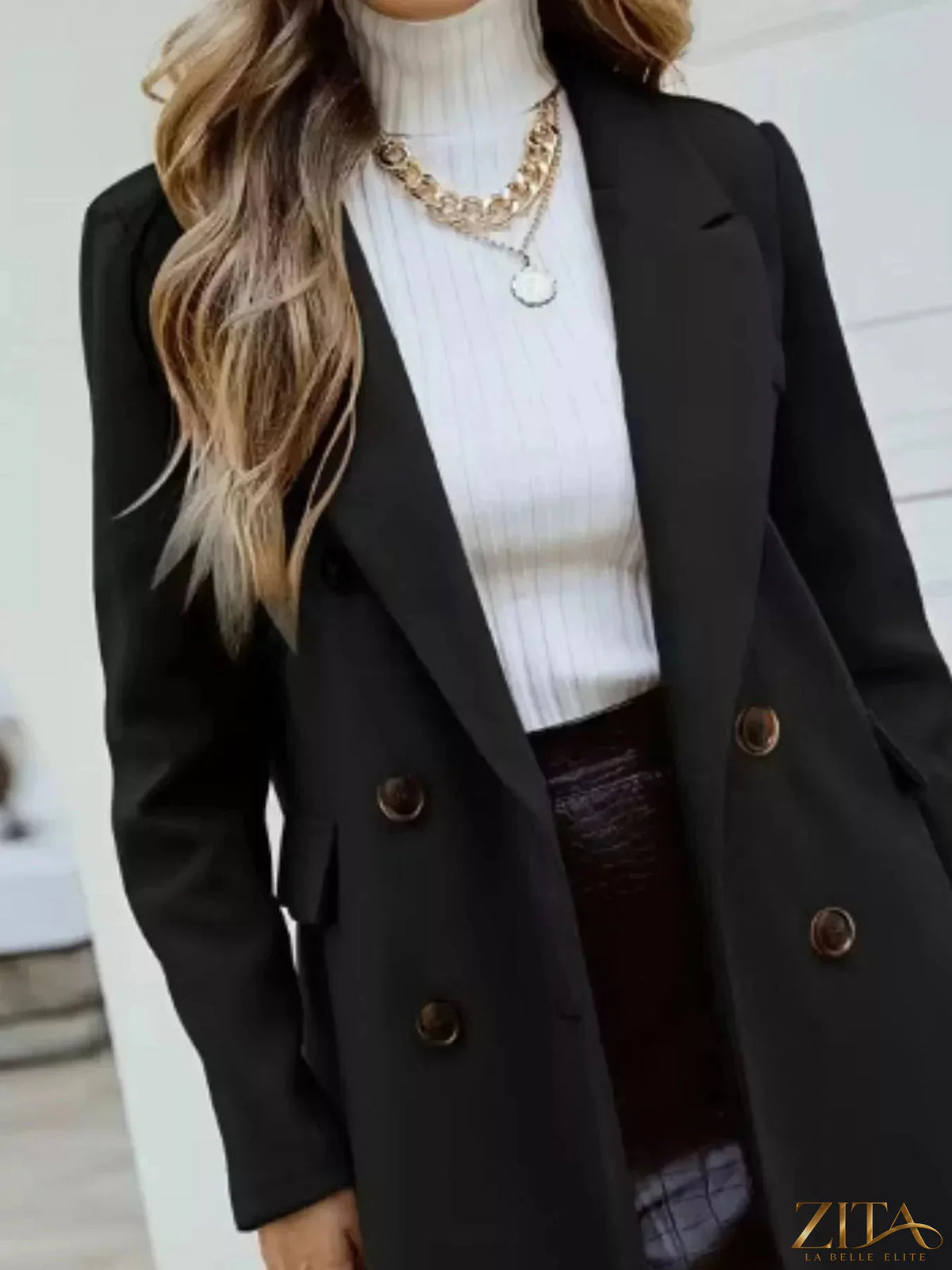 Zita La Belle Elite double-breasted longline coat with wide lapels and button details, stylish outerwear for cold weather.