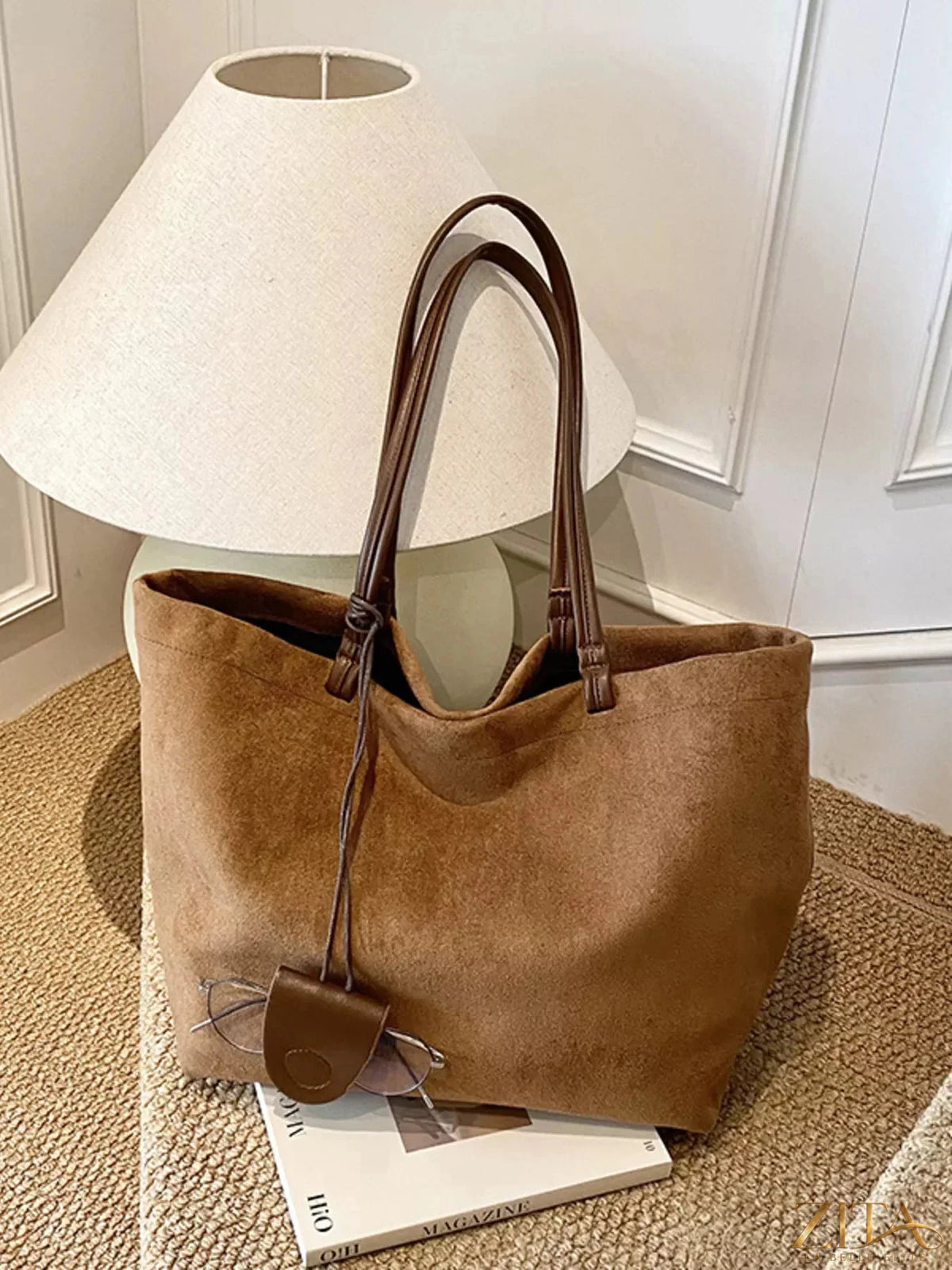 Zita La Belle Elite classic suede tote bag with sturdy handles and spacious interior, in a rich brown color.