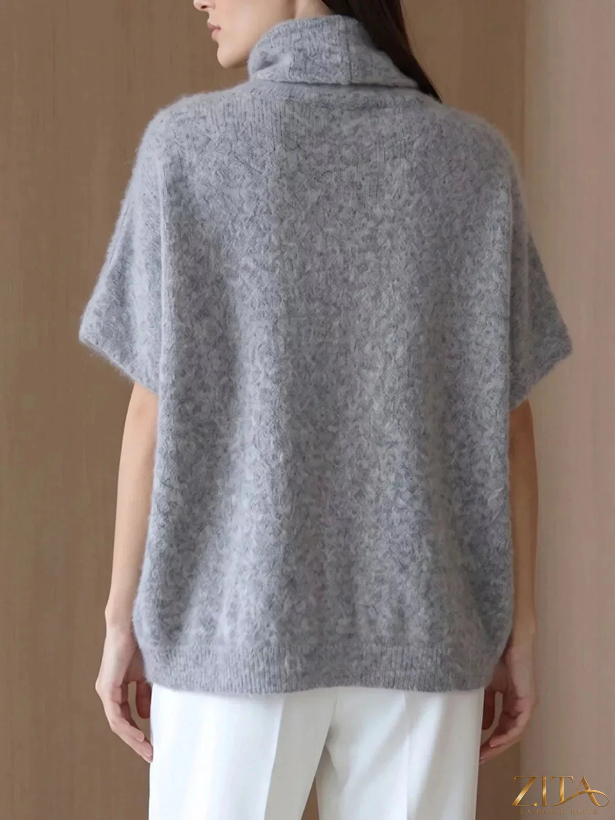 Zita La Belle Elite fuzzy short sleeve turtleneck sweater in soft, warm fabric, featuring a cozy, stylish design.