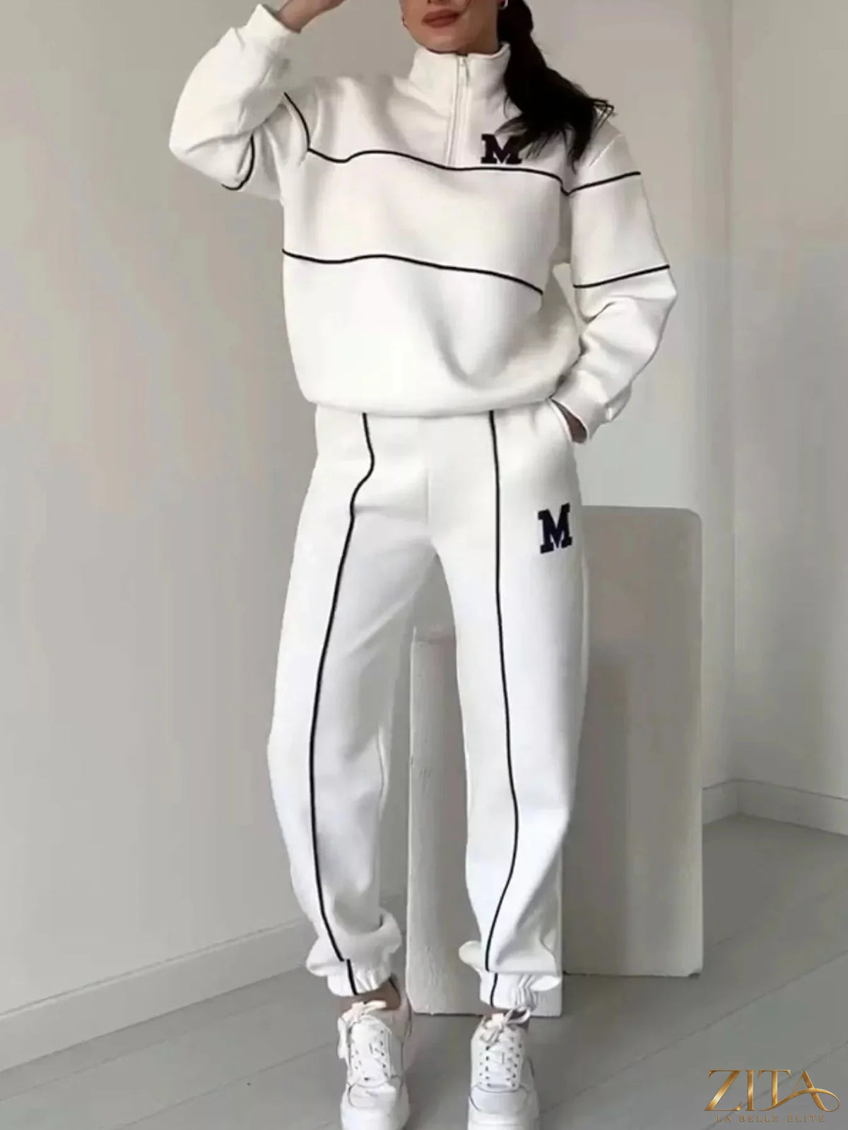 Plus size Zita La Belle Elite striped quarter zip top and matching pants set, full size, comfortable and stylish loungewear.