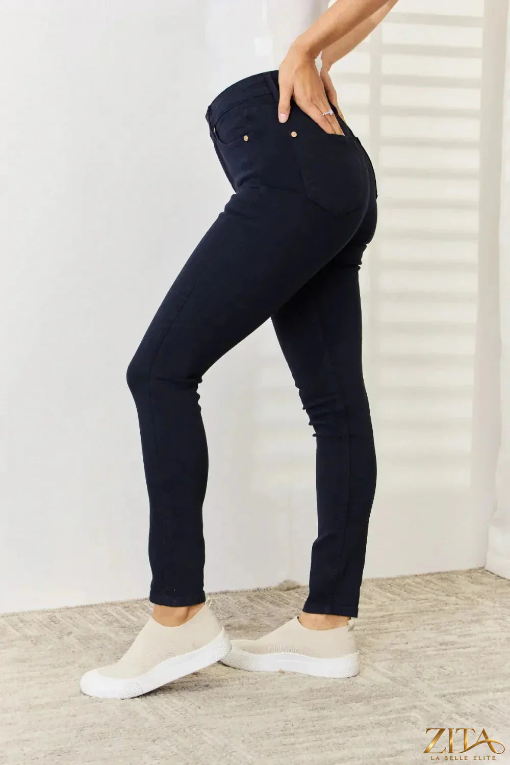 Zita La Belle Elite Judy Blue full size garment dyed tummy control skinny jeans, showing fitted style and denim fabric details.