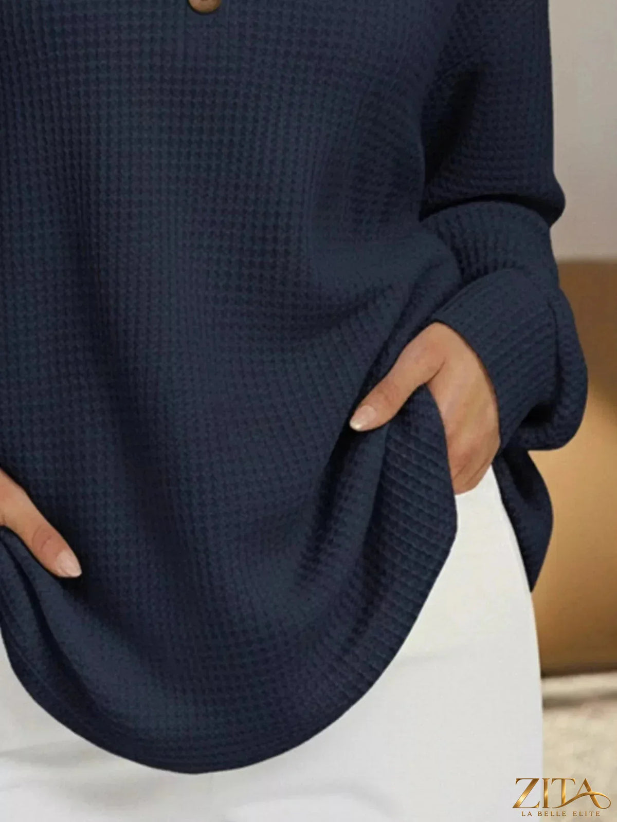 Plus size Zita La Belle Elite waffle knit V-neck long sleeve T-shirt with casual style and comfortable fit.