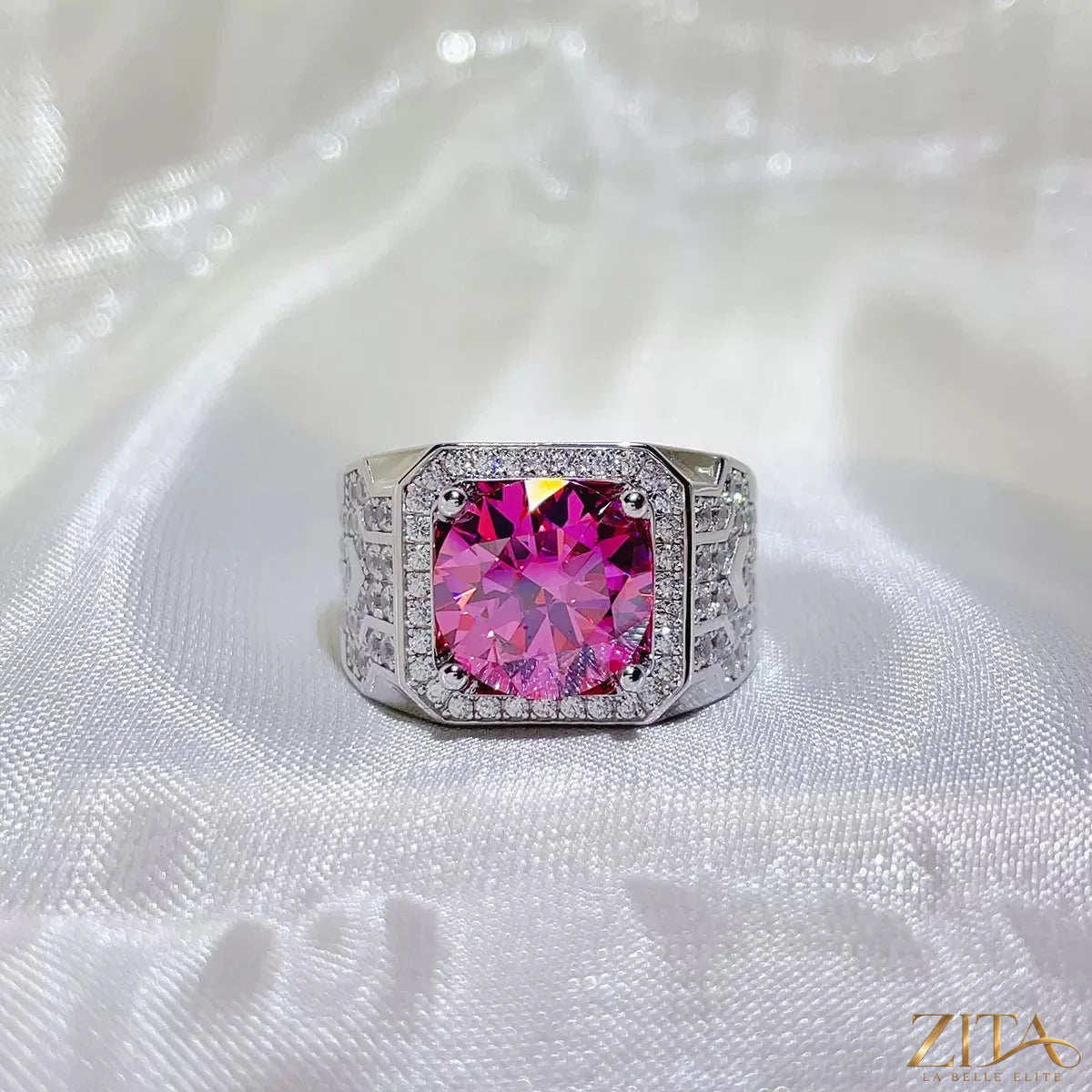 Sterling silver moissanite ring with a 5-carat gemstone, featuring a sleek design and sparkling brilliance.